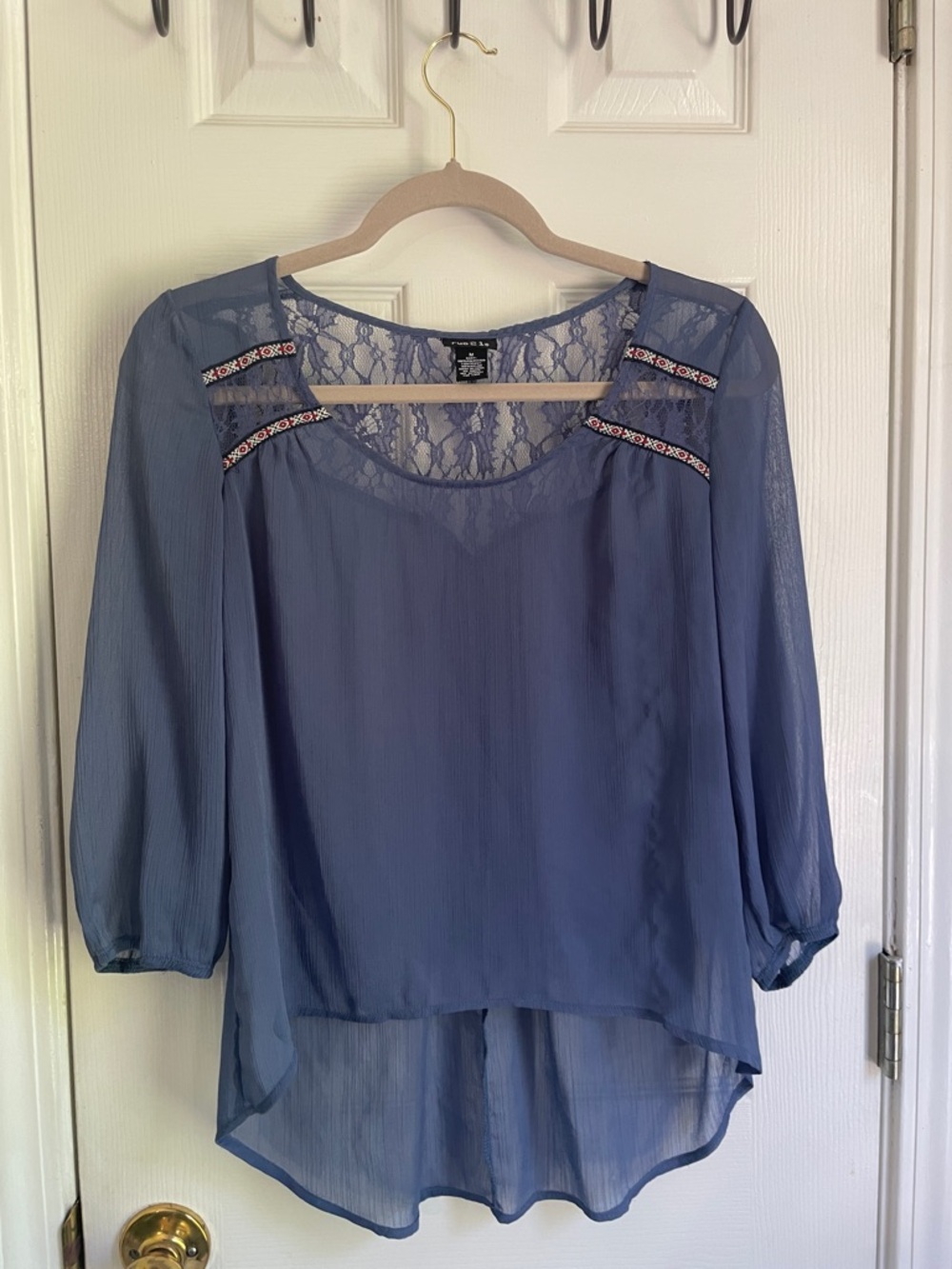 Rue21 Boho Cottagecore Lace-Back Peasant Blouse - Dusty Blue
